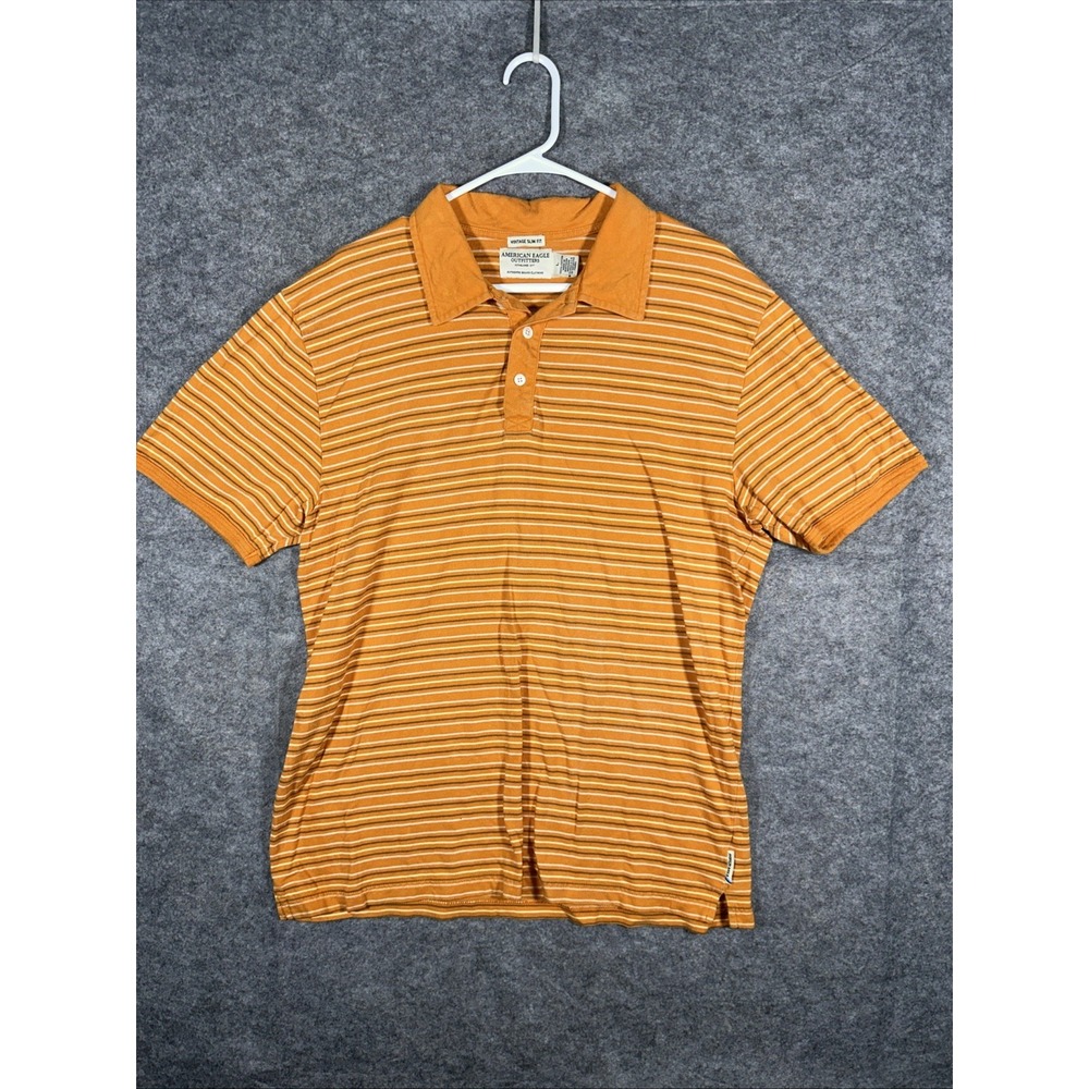 American Eagle Vintage Slim Fit Polo Mens Large‎ Orange Striped Cotton Button Up